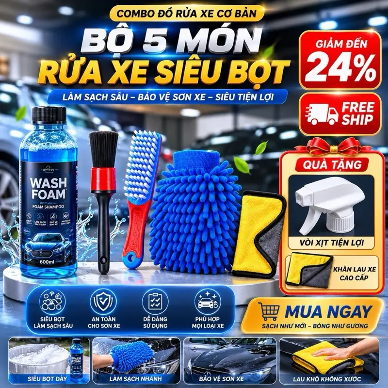 5 Món Rửa Xe Tại Nhà Bọt Cực Nhiều - Độ pH Trung Tính - Tặng Kèm Riêng Đầu Xịt Tạo Bọt