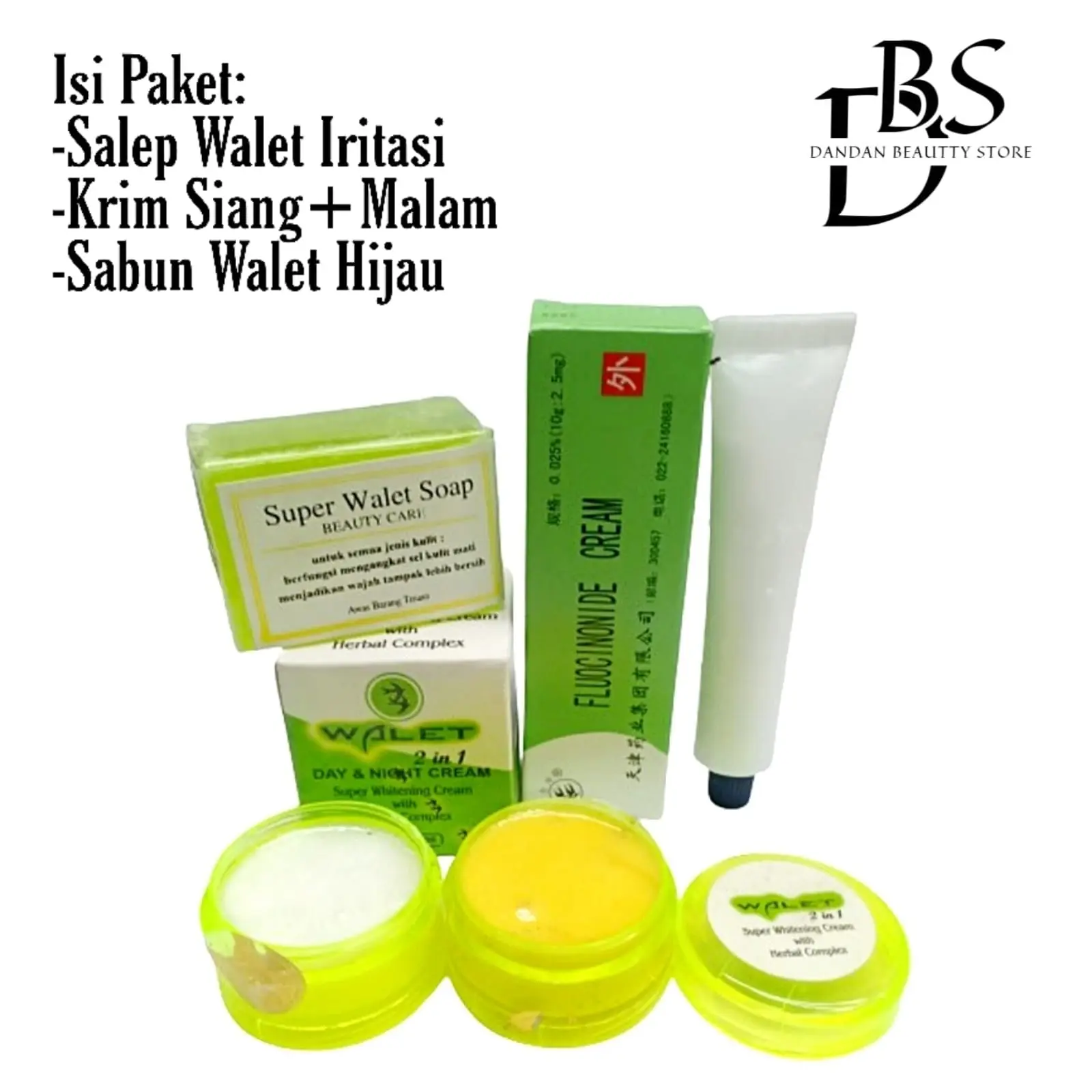 Paketan 3in1 Walet Krim Wajah Siang dan Malam + Sabun Cuci Muka Hijau + Salep Iritasi