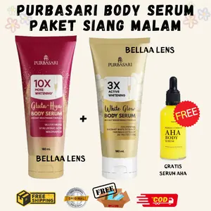 [PAKET PENCERAH SIANG MALAM] PURBASARI GLUTA HYA BODY SERUM & WHITE GLOW WHITENING BODY SERUM 180 ML