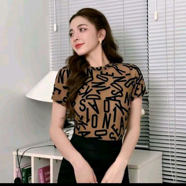 Áo Thun Lưới Tay Ngắn 2 Lớp Phom Vừa Dáng Ôm Women Nữ Top Cổ Tròn 0