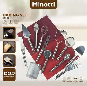 Set Baking Alat Membuat Kue 12 in 1 Stainless Steel Alat Masak & Baking Multifungsi Spatula Pengocok Telur Pemotong Pizza Penghancu Kentang Wadah Penyimpanan