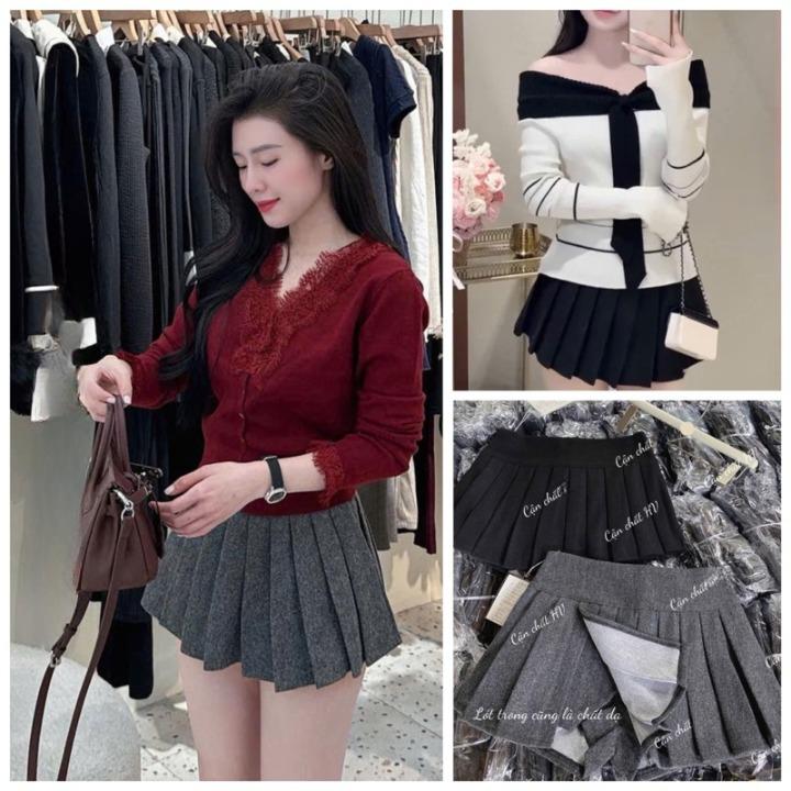 Chân Váy Dạ Xếp Ly 3 màu Lưng Cao Có Quần Trong Đồng chất