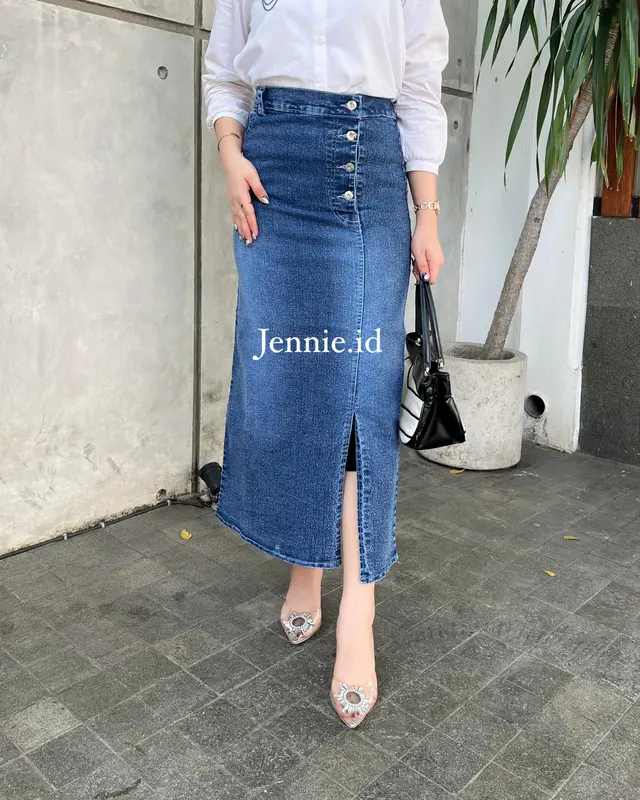 Kamila Rok Jeans kancing Belah Samping Style Denim Casual premium Panjang 0