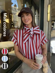 Top elegante de mujer con manga corta, camisa vintage a rayas con lazo, vestido casual cómodo para fiestas, diseño liso ajustado para todas las estaciones