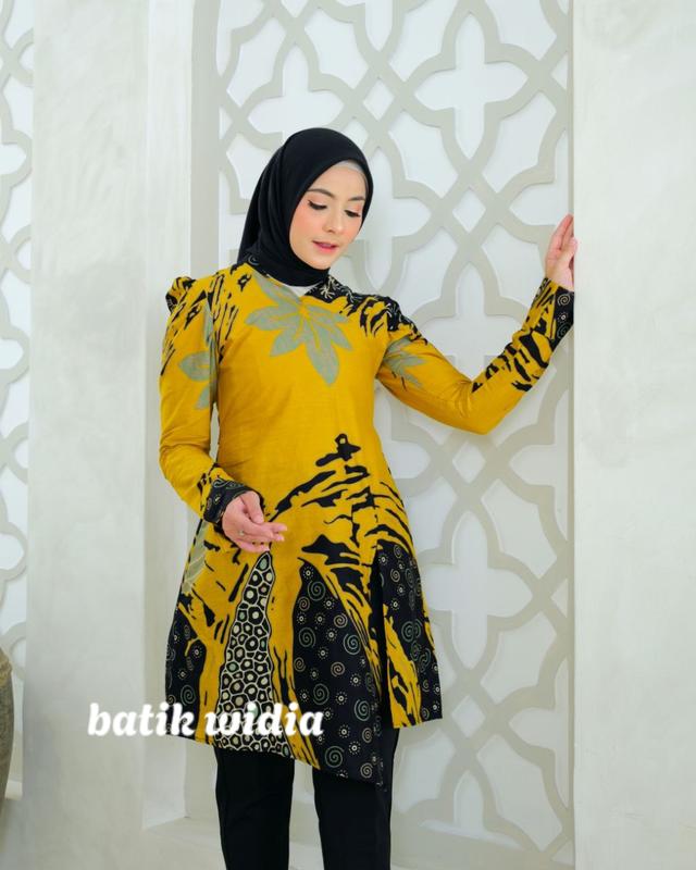 Tunik Batik Modern Wanita Lengan Panjang Puffy Shoulder Tunik Mustika By Batik Widia Katun Motif Seragam Kerja 0