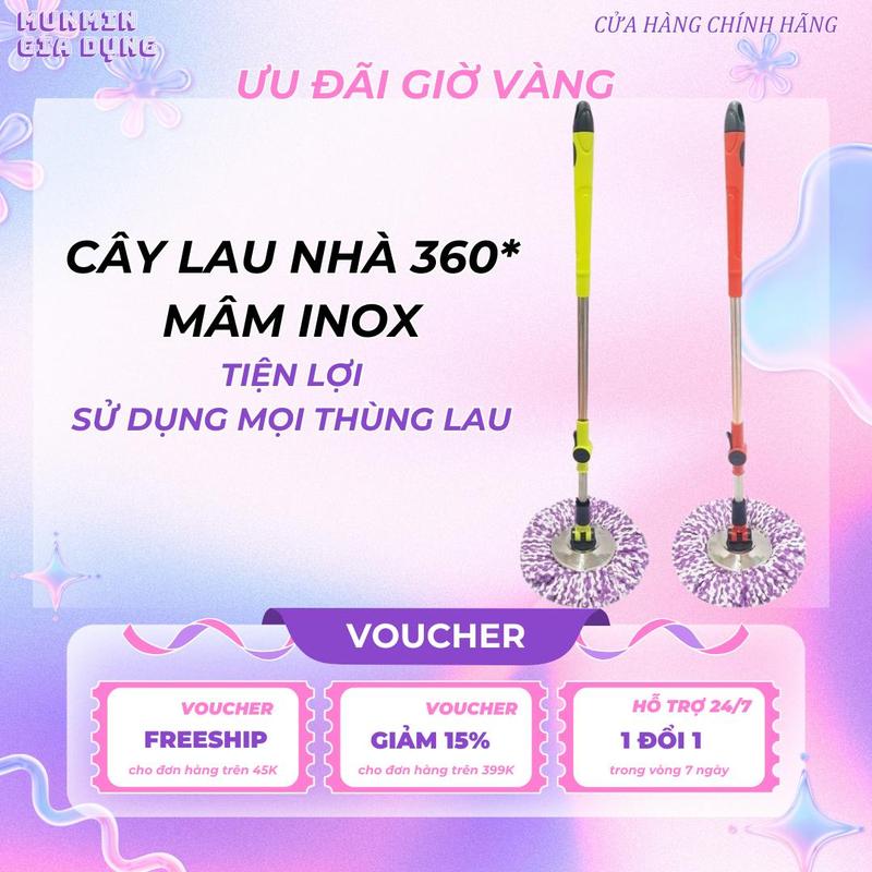 CÂY LAU NHÀ 360 MÂM INOX - THÂN INOX, LAU SÀN SIÊU SẠCH SỬ DỤNG MỌI THÙNG LAU Làm Sạch