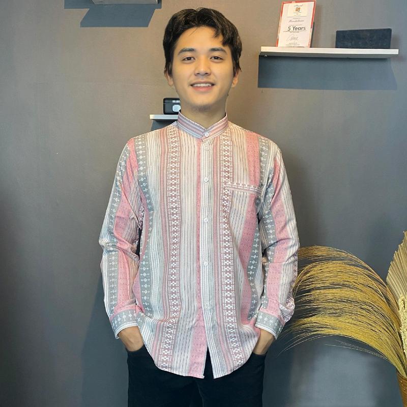 HM - Kemeja koko pria Dewasa lengan panjang Motif salur Batik, Atasan baju lebaran Keren Muslim terbaru 2025.Katun Formal Casual Santai 7