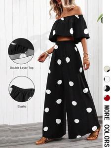 Conjunto de mujer de 2 piezas: top de un solo hombro y pantalón largo casual, ajuste holgado con lunares, perfecto para vacaciones en la playa, cómodo y elegante