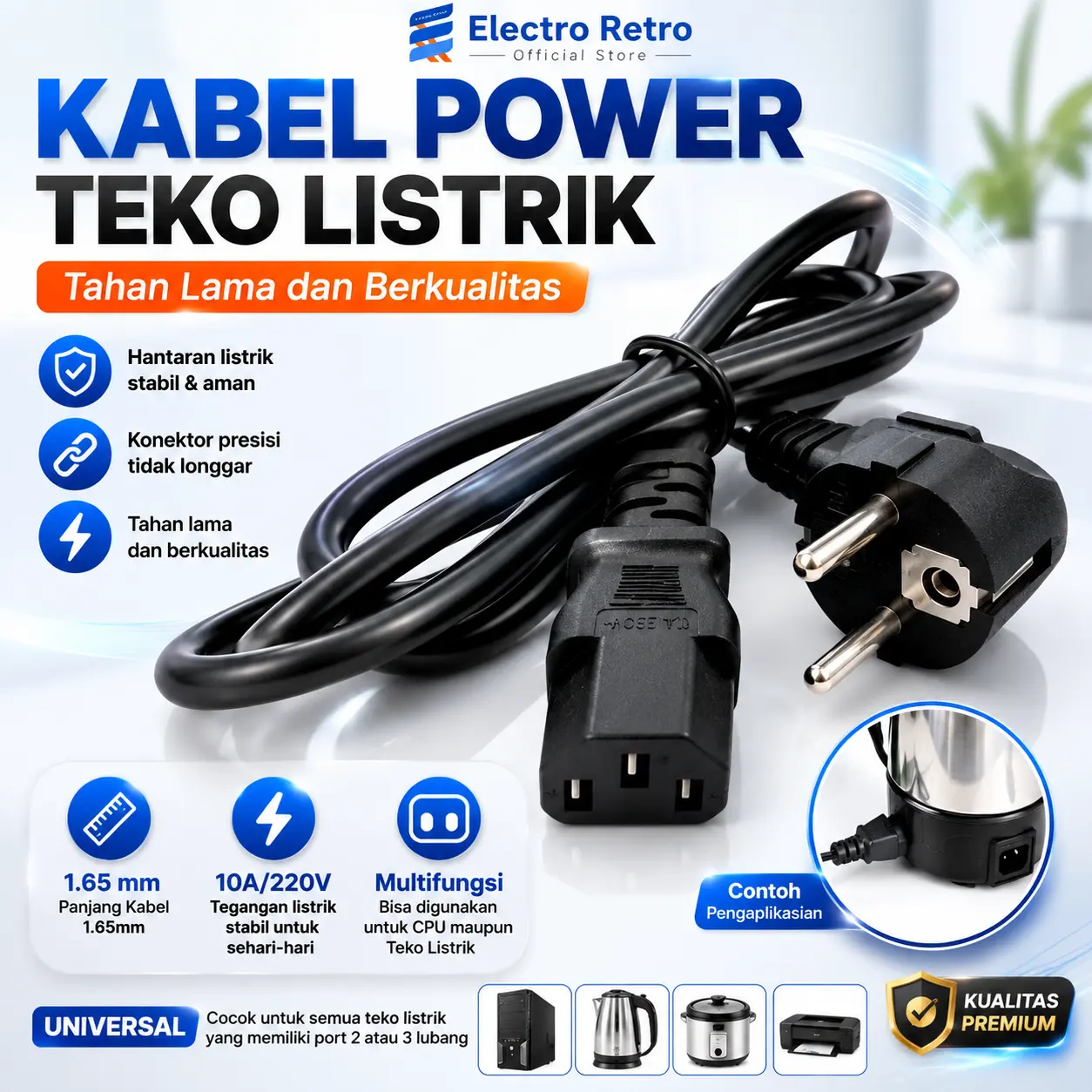 KABEL LISTRIK 3 PIN SERBAGUNA KABEL RICE COOKER 3 LUBANG KABEL TEKO LISTRIK KABEL LISTRIK 10A - 250V