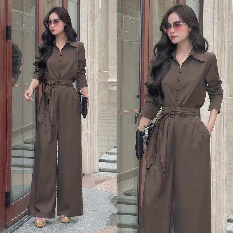 Set bộ nữ thiết kế EMME T3201-VD 2 món gồm áo sơ mi cúc bọc tay dài phối quần tây suông cách điệu top basic - THANH TỰ