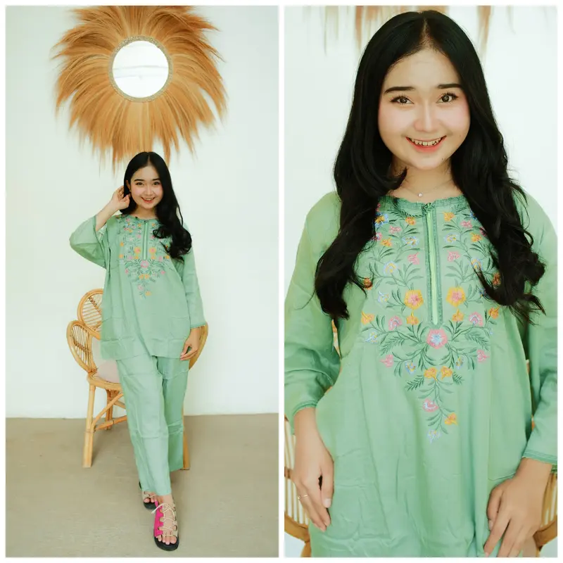 Daster Bordir Oneset Setelan Lengan Panjang Jumbo Busui Friendly Katun Rayon Premium Wanita Lembut Nyaman Piyama Santai Tidur Baju Celana baju  tidur 6