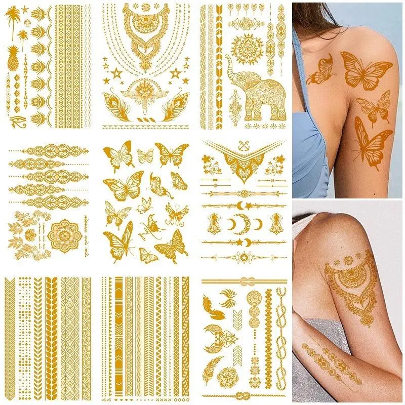 Metallic Temporary Tattoo Sticker, 9 Counts/set Glitter Fake Tattoo Sticker, Body Art Decoration for Women & Girls 8