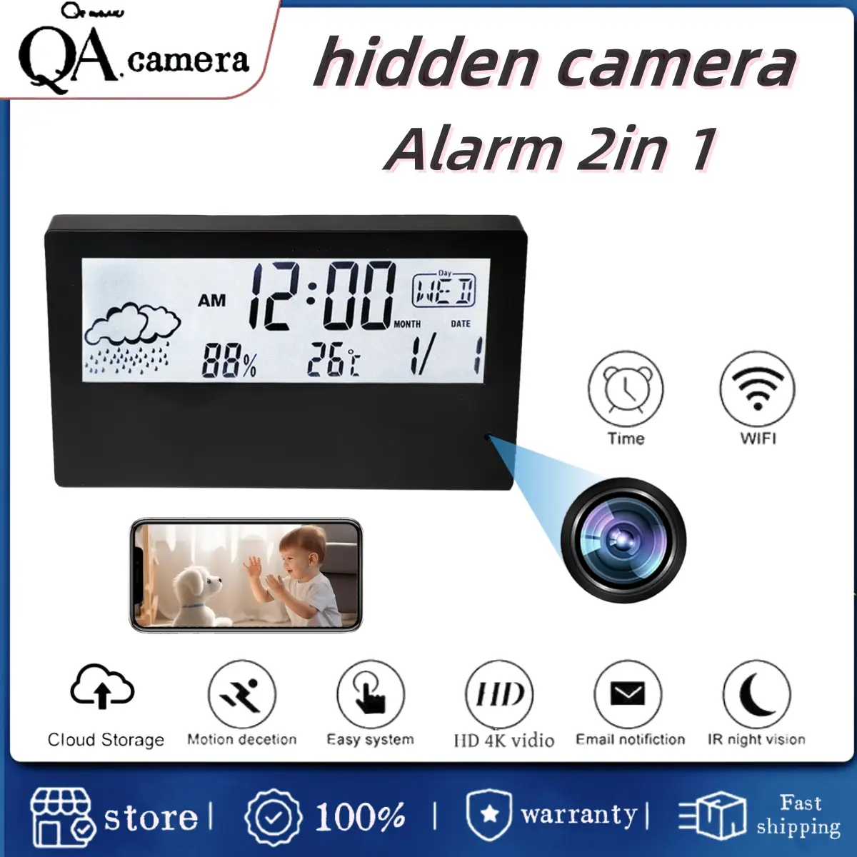 Jam Penggera Pelbagai fungsi, Model Kamera Tersembunyi 2 dalam 1, Kamera Mini 4k HD, Kamera Kecil, Jam Penggera Rumah, Kamera Keselamatan, Kamera Pintar WiFi Tanpa Wayar, Penyimpanan Kad SD, Akses Jauh Telefon Bimbit, Hayat Bateri Ultra Panjang, Sesuai