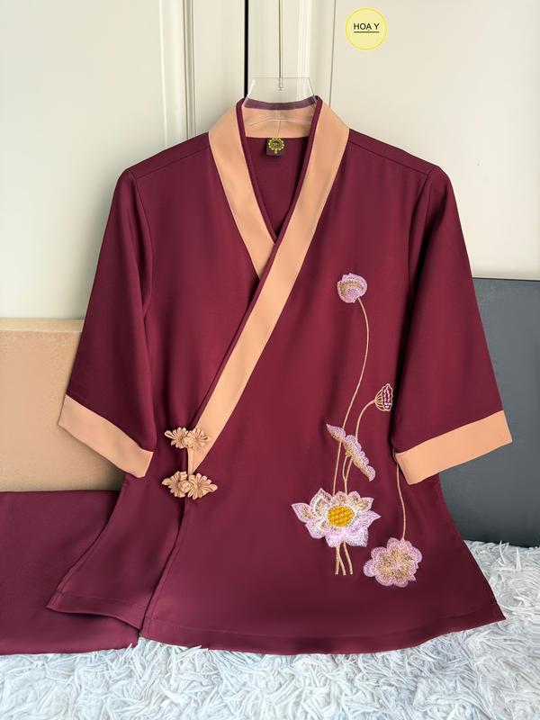 DL25 Đỏ mật tông (Họa Y Pháp Phục) bộ Đồ Lam Đi Chùa, Top Quần Áo Thời Trang Cho Phật Tử Nữ,  size S M L XL  XXL, Pháp Phục, trang phục truyền thống thường mặc, chất lụa tuyết Women  áo hoa sen Voi trung niên