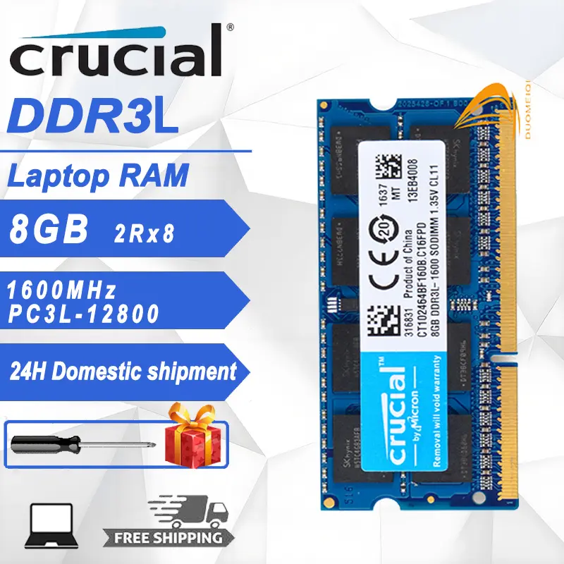 RAM DDR3L máy tính xách tay Crucial, có sẵn trong 1 CÁI, 2 CÁI, 4 CÁI và 10 CÁI, 8GB 1600MHz, PC3L-12800S, 1.35V, 2Rx8, bộ nhớ SO-DIMM 0