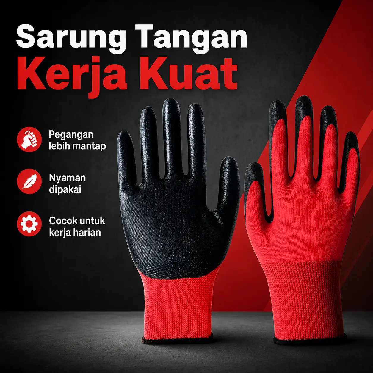 Sarung Tangan Kerja Pelindung Merah Hitam 12 Pcs untuk Bengkel Gudang Kebun dan Konstruksi Full Hand dengan Desain Rajut Elastis untuk Pegangan Lebih Mantap - Outdoor, Jam