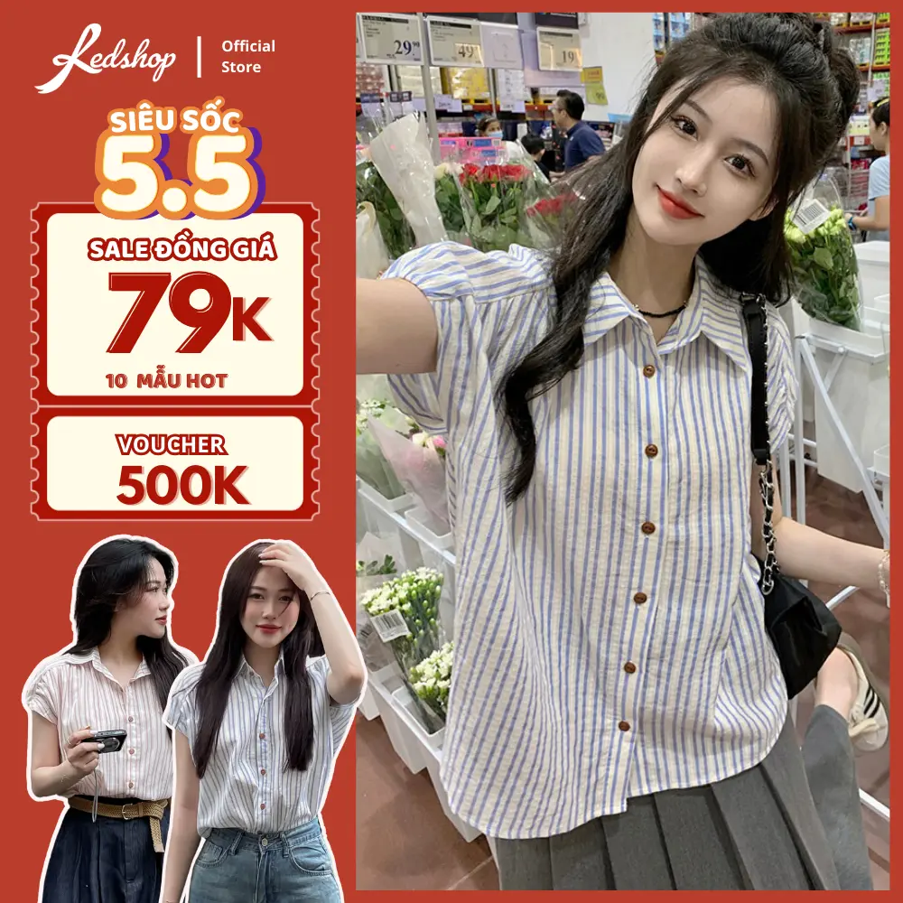 Áo sơ mi nữ Red Shop 304055 kẻ sọc tay hến phong cách vintage Hàn Quốc xanh aosominu