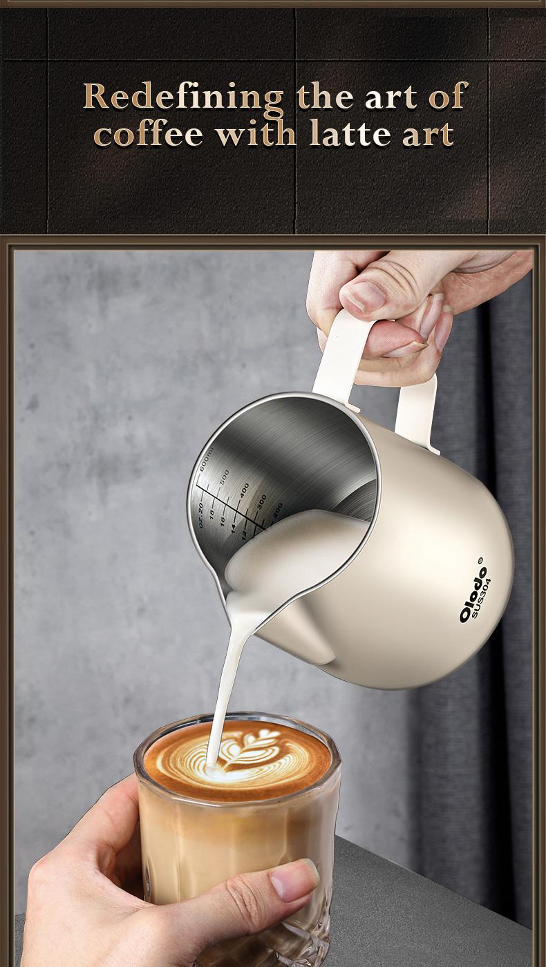 Product Introduction of Italian style stainless steel milk foam cup with handle and pointed mouth, milk tank, flower pot, professional coffee flower cup Tea 10