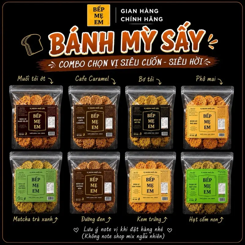 Combo chọn vị Bánh Mì BẾP MẸ EM Vị : Bơ Tỏi / Phô Mai / Đường Đen / Cafe Caramel / Kem Trứng / Matcha / Muối Ớt ( Ghi chú chọn vị cho shop vào lúc đặt hàng / không nhắn tin riêng shop dễ bị lẫn đơn / có hướng dẫn ghi chú vị ở phần mô tả sản phẩm )