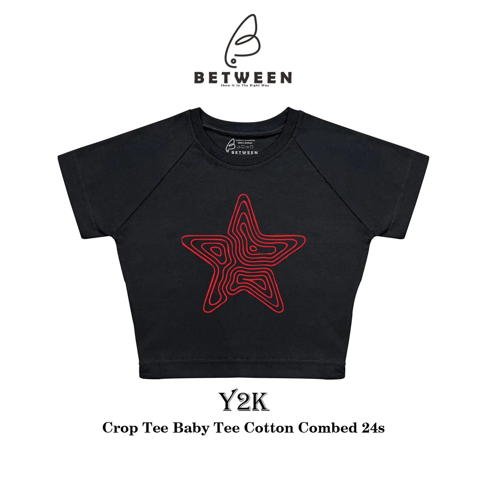 Between Crop top Bintang Panel Tshirt Short Sleeve Crop Tee Kaos wanita