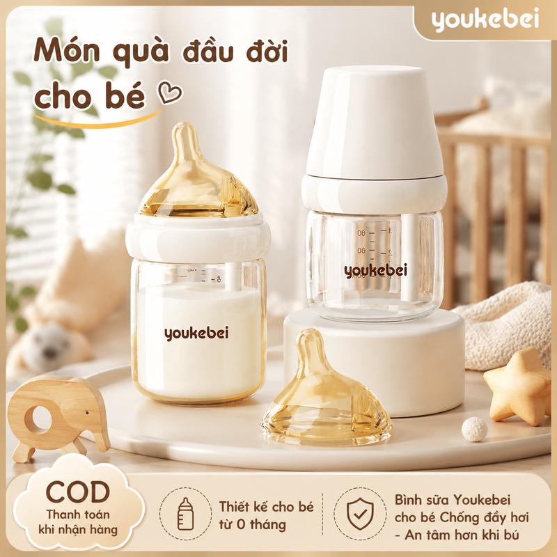 Bình sữa Youkebei 80 ml và 160 ml cho trẻ sơ sinh bằng thủy tinh borosilicate, không chứa BPA, chống đầy hơi