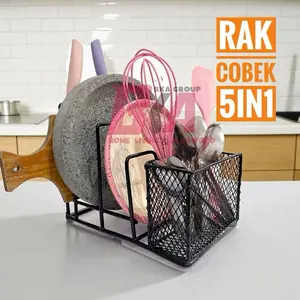Rak Cobek 5in1 Anti Karat Multifungsi untuk Sendok Talenan Tutup Panci & Pisau Bahan Besi Mewah Hemat Tempat