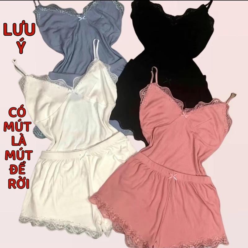 [MỎNG]Bộ đồ Ngủ 2 dây Thun Tăm Dùi Phối Ren Ôm, Mỏng, Ngắn [B01] Nữ Nhung Voi