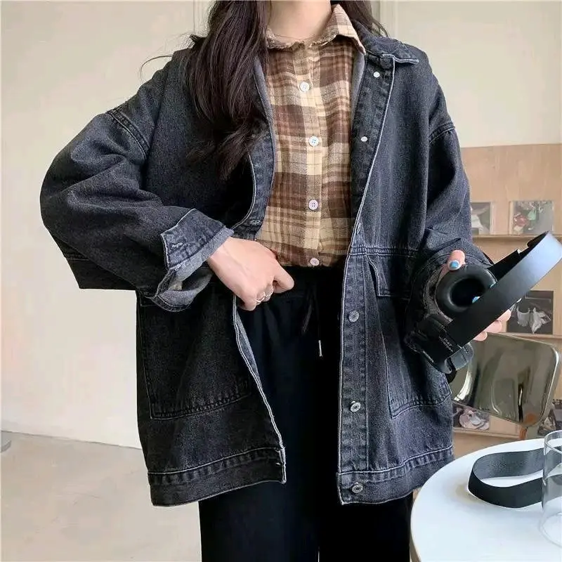 Laura Jaket Jeans Wanita Panjang Kantong Depan - Casual Denim Oversize Outer