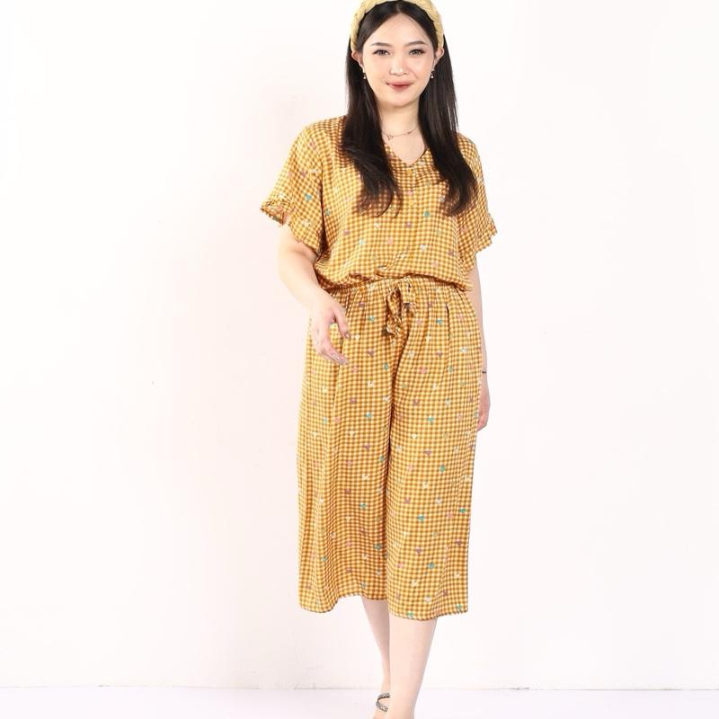 [DasterHitsMalang] One Set Aira Celana Kulot Panjang 7/8 /One Set Kancing Depan/One Set Lengan Rempel/Setelan Wanita Baju Karet Katun Kerah Rayon Motif Atasan Busui Pendek Kotak 5