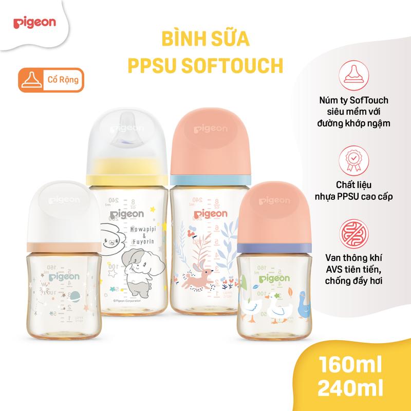Bình Sữa Pigeon PPSU Softouch Baby-Friendly World 160ml/240ml - Nhiều Hoạ Tiết
