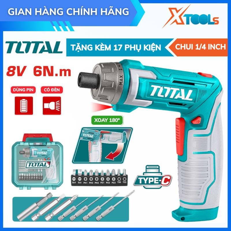  Máy siết vít dạng gập Total pin 8V 6Nm máy vặn mở ốc vít đầu 1 4 inch có đèn LED làm việc Tua vít điện mini đa năng 