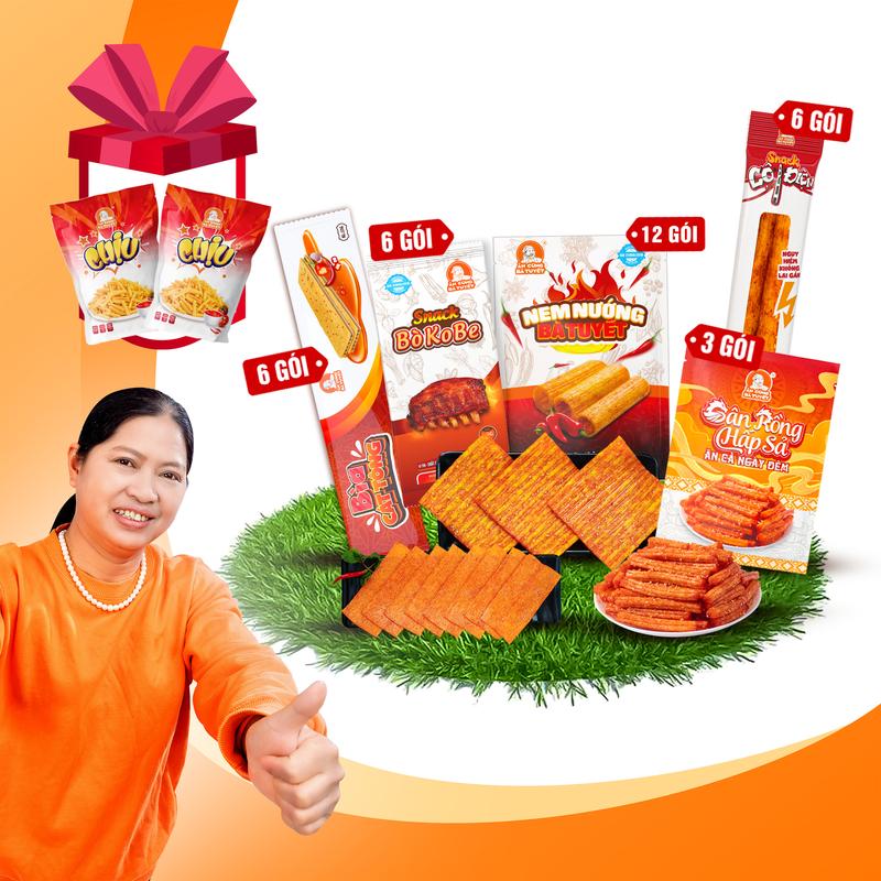 [ Tặng 2 gói chịu] Combo CHIẾN BINH TẬN THẾ gồm: 12 gói Snack Nem Nướng++ 6 Gói Snack Bò Kobe  +6 gói snack bìa cát tông  +6 gói cột điện  +3 gói snack gân rồng - Đồ Ăn Vặt Snack Ăn Cùng Bà Tuyết