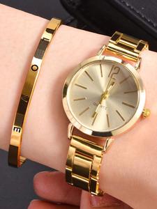 Conjunto de 2 piezas: reloj de cuarzo para mujer con banda de acero simple, estilo minimalista y a la moda, esfera digital, accesorio versátil tipo pulsera