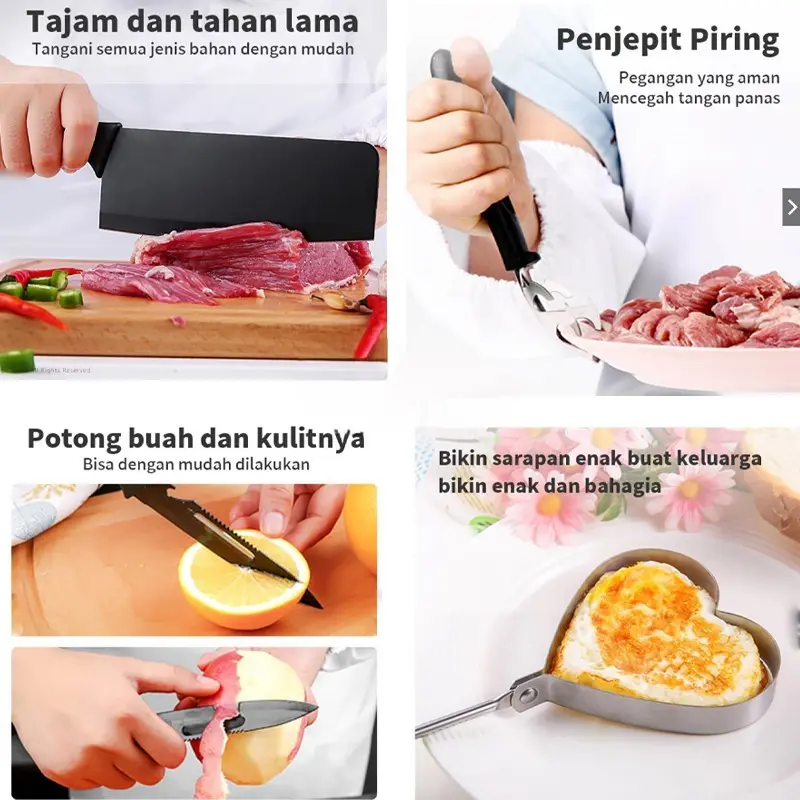 COD - J12 - Set Pisau Dapur Hitam 5 Pcs in 1 Cetakan Telur Chef Knife Cleaver Termurah Pisau LB 5