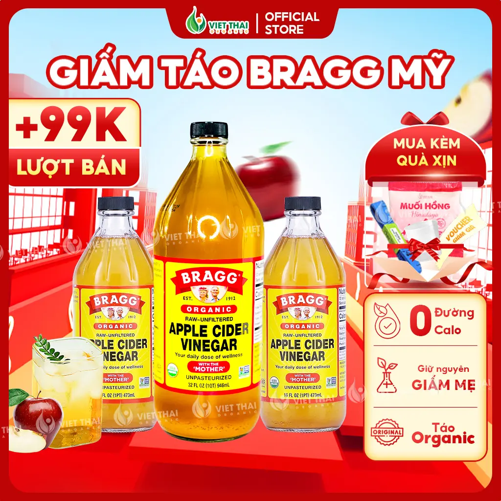 [CHÍNH HÃNG + QUÀ] Giấm Táo Bragg Có Giấm Cái - Dấm Táo Mỹ Thức Uống Healthy Eatclean Gia Vị Nấu Ăn Trộn Salad (Việt Thái Organic)