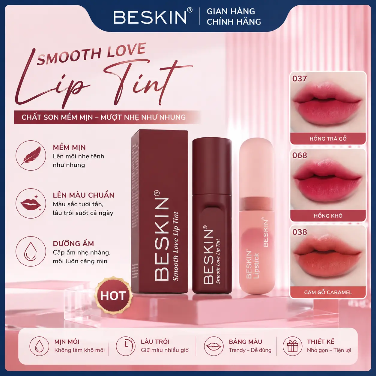 SON NHUNG BESKIN "SMOOTH LOVE LIP TINT" -  2,5g - Thương Hiệu: Beskin - Trang Điểm Son Môi Son Kem