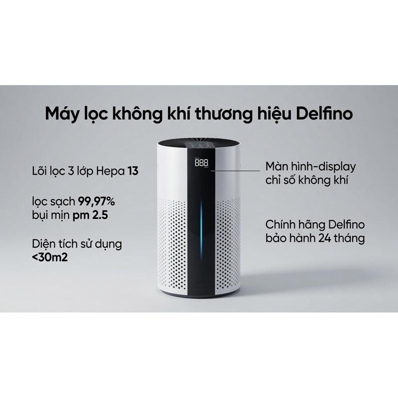 Máy lọc không khí HEPA H13 DELFINO lưu lượng 180m3/H lọc sạch bụi mịn pm 2.5, diện tích 20-30m2 bảo hành 24 tháng