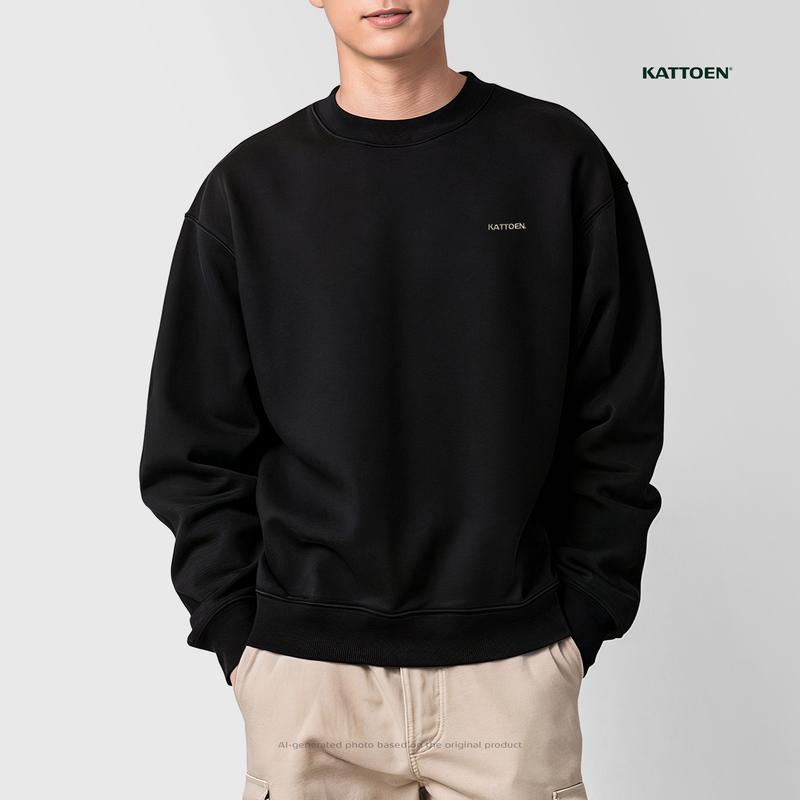 Kattoen - Crewneck Solid Black Sweater Oversized Fleece Basic 1
