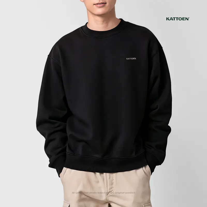 Kattoen - Crewneck Solid Black Sweater Oversized Fleece Basic 1
