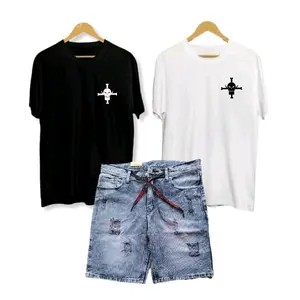 Setelan Kaos Anime One Piece Disto dan Celana Pendek Jeans Sobek untuk Pria - Hitam