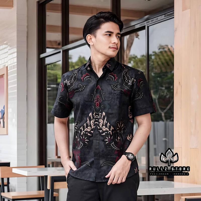 Kemeja Batik Pria Lengan Pendek - Bahan Katun Cowok Distro Dewasa Surfing Atasan Casual Panjang Motif Hitam - Kerja Kemeja batik Keren Hem Nyaman Baju Santai 2