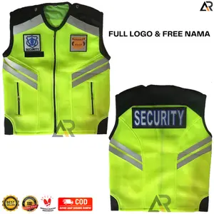 Rompi satpam/security Hijau Stabilo Hitam Terbaru , Rompi doublemesh tebal Logo Lengkap Free Name tag bordir