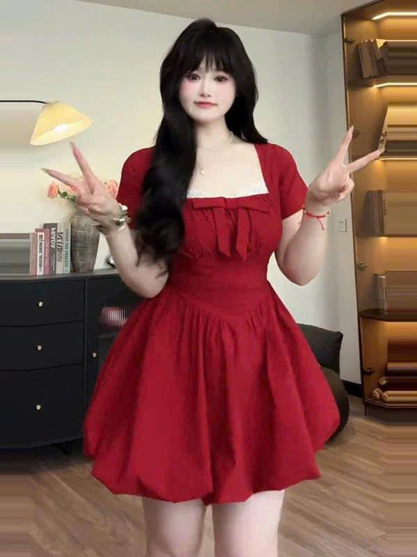  Formal Dresses Váy Nữ Thiết Kế D4 Cổ Vuông Tay Ngắn Phối Viền Ren Chiết Eo Dáng Bí Tôn Dáng Sang Chảnh_Có Bigsize 