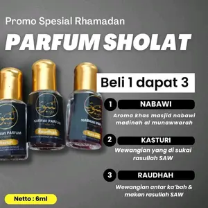 PARFUME SHOLAT KHAS MADINAH MAKKAH 6 mili 1 PAKET ISI 3 BOTOL Nabawi, Kasturi,Raudhah Non Alkohol Parfume pria wanita Minyak wangi