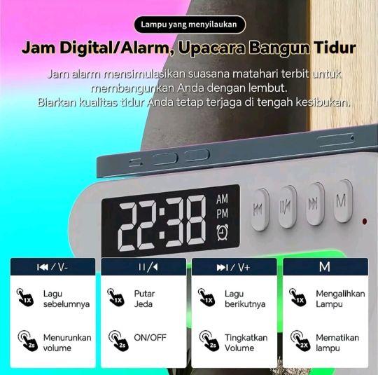 Speaker Bluetooth LED G-Lamp 360° dengan Alarm Clock dan Wireless Charger 10W Lampu Tidur RGB Berbagai Mode