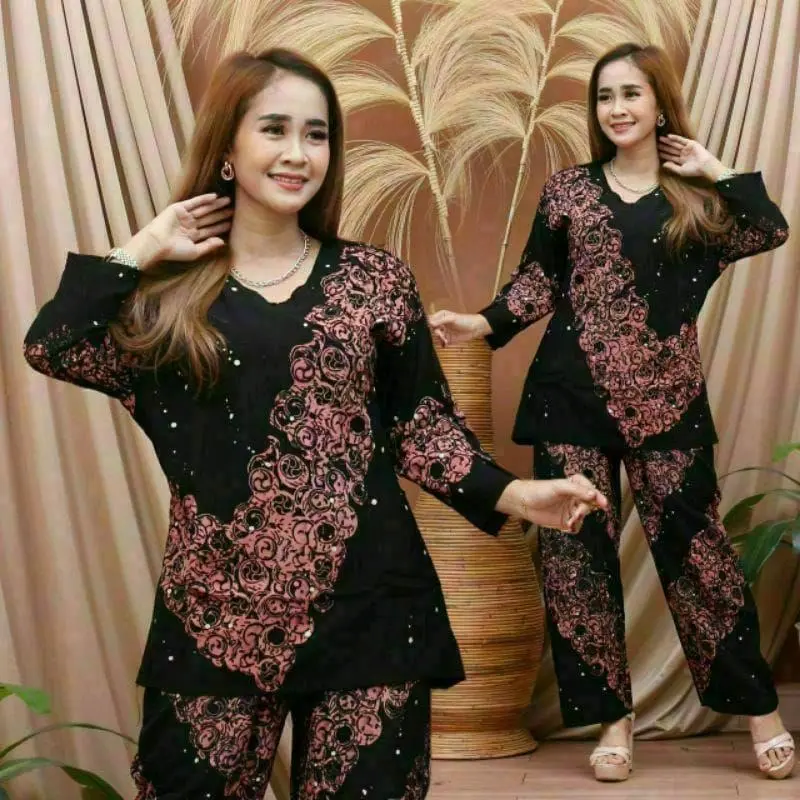 piyama baju tidur wanita dewasa setelan celana panjang busui rayon nyaman tebal lembut santai busui abstrak kekinian Motif Pendek