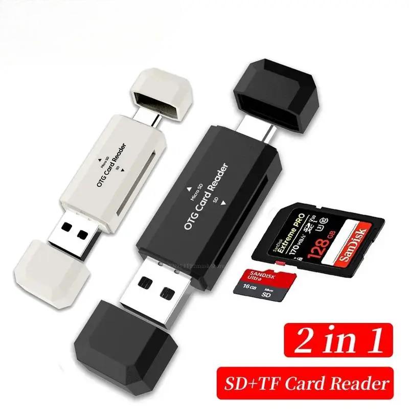 Bộ đọc thẻ nhớ 2 trong 1 USB‑A/USB‑C hỗ trợ SD/TF, giao tiếp USB 2.0, hai cổng kết nối, phù hợp cho điện thoại, máy tính cá nhân (PC), laptop và máy tính bảng