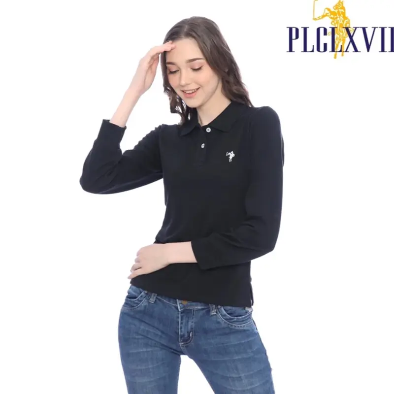KAOS KERAH POLO WANITA LENGAN PANJANG KUDA KECIL Katun Polos Hitam Putih 8