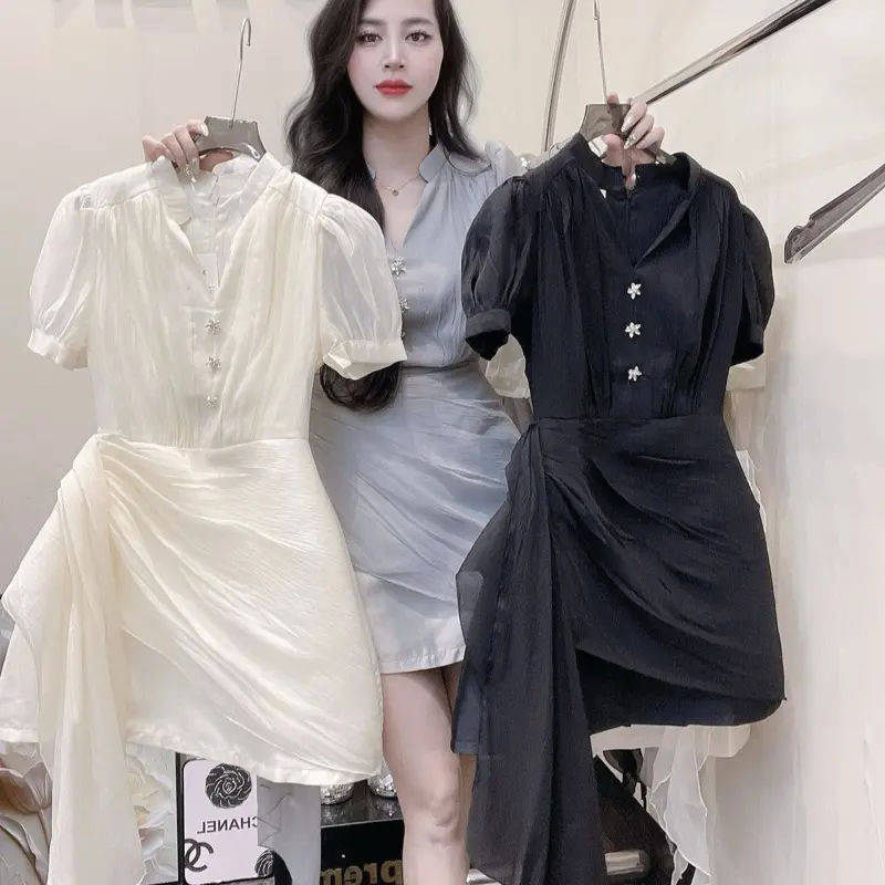Váy Thiết Kế Váy Dự Tiệc Tafta Phối Tơ Chéo Vạt Dài Cổ V Ba Màu Sang Chảnh V2229