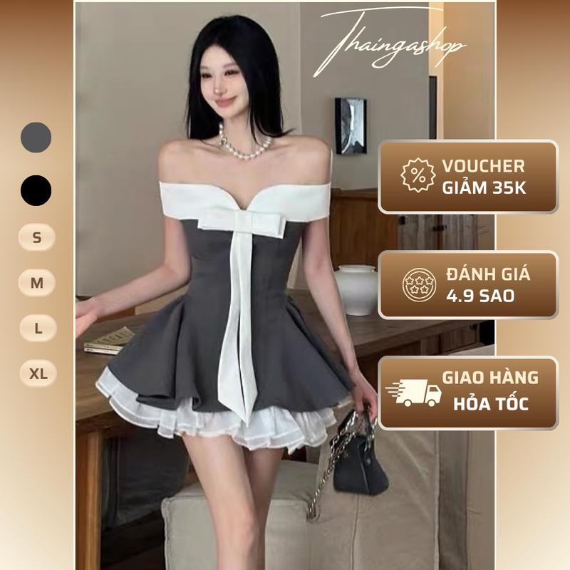 TẶNG Quần Bảo Hộ Đầm dự tiệc dáng ngắn trễ vai phối nơ trắng bồng xoè chất cotton cao cấp thiết kê sang trọng quyến rũ size S M L XL màu xám màu đen